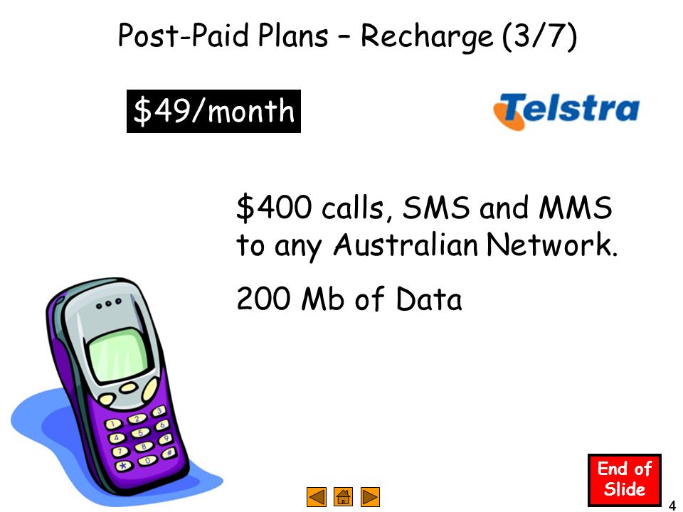 4 End of Slide Post-Paid Plans – Recharge (3/7) $49/month $400 calls, SMS and MMS to any Australian Network.