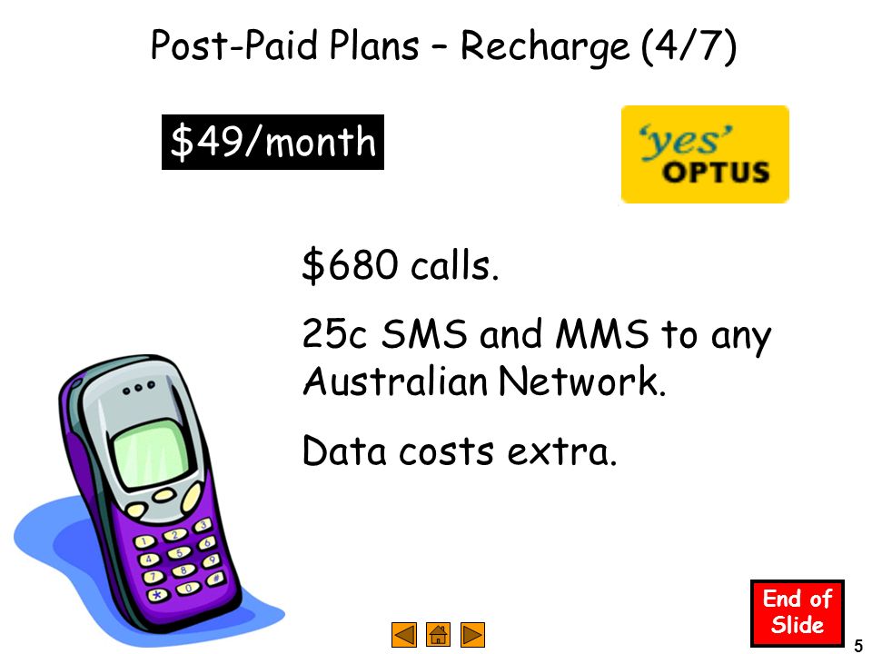 5 End of Slide Post-Paid Plans – Recharge (4/7) $49/month $680 calls.