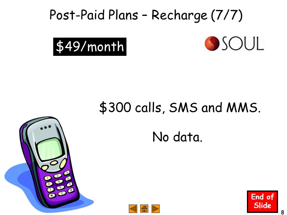 8 End of Slide Post-Paid Plans – Recharge (7/7) $49/month $300 calls, SMS and MMS. No data.