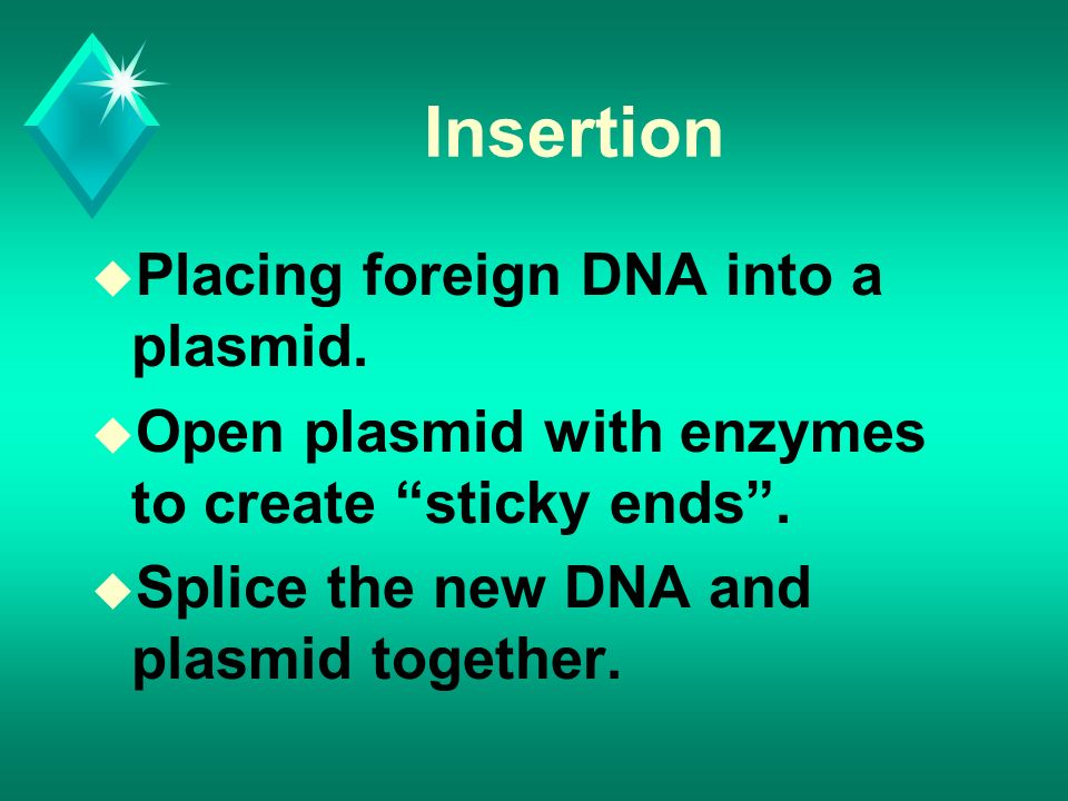 Insertion u Placing foreign DNA into a plasmid.