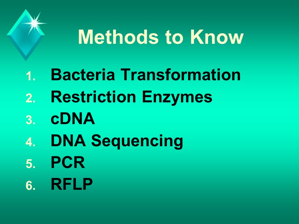 Methods to Know 1. Bacteria Transformation 2. Restriction Enzymes 3.