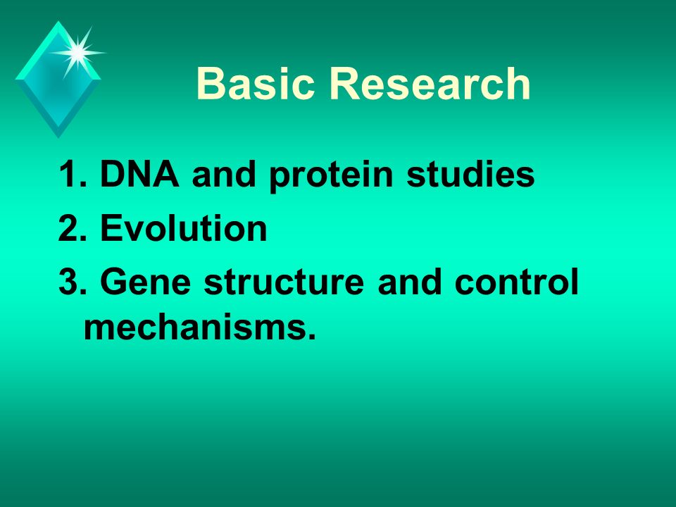 Basic Research 1. DNA and protein studies 2. Evolution 3. Gene structure and control mechanisms.