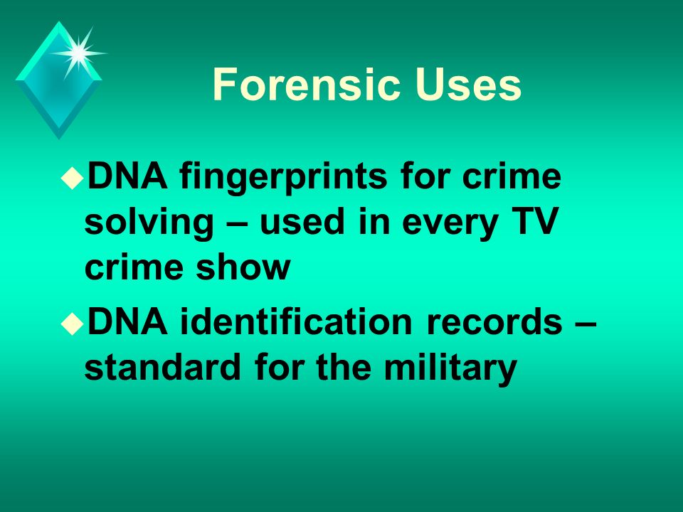 Forensic Uses u DNA fingerprints for crime solving – used in every TV crime show u DNA identification records – standard for the military