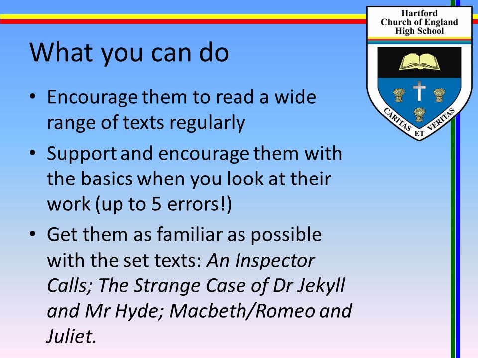 What you can do Encourage them to read a wide range of texts regularly Support and encourage them with the basics when you look at their work (up to 5 errors!) Get them as familiar as possible with the set texts: An Inspector Calls; The Strange Case of Dr Jekyll and Mr Hyde; Macbeth/Romeo and Juliet.