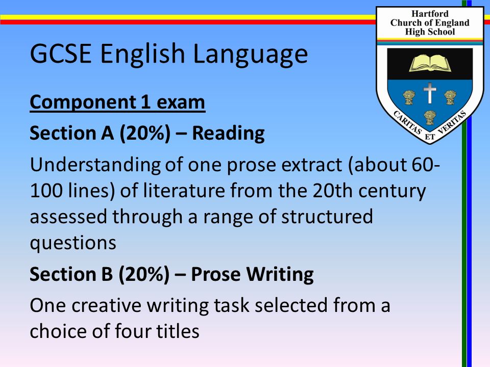 GCSE English Language Component 1 exam Section A (20%) – Reading Understanding of one prose extract (about lines) of literature from the 20th century assessed through a range of structured questions Section B (20%) – Prose Writing One creative writing task selected from a choice of four titles