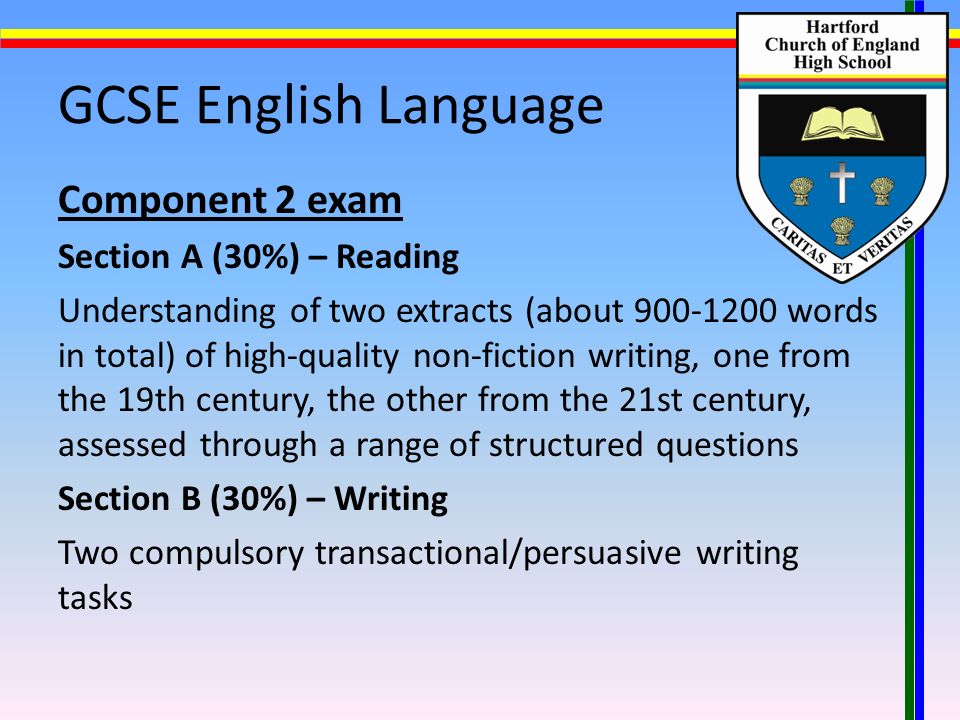 GCSE English Language Component 2 exam Section A (30%) – Reading Understanding of two extracts (about words in total) of high-quality non-fiction writing, one from the 19th century, the other from the 21st century, assessed through a range of structured questions Section B (30%) – Writing Two compulsory transactional/persuasive writing tasks