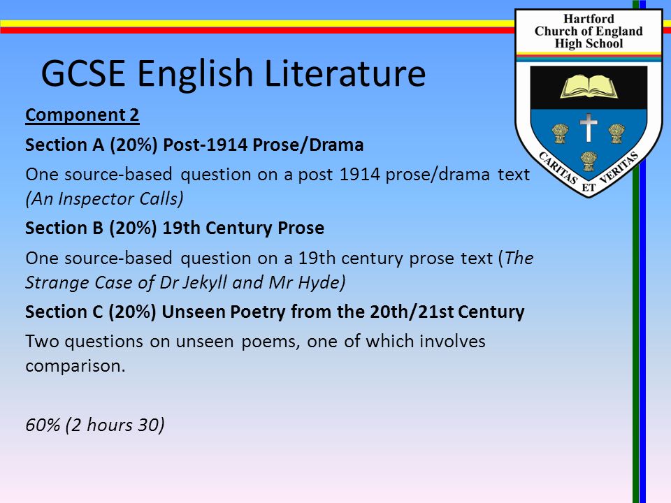 GCSE English Literature Component 2 Section A (20%) Post-1914 Prose/Drama One source-based question on a post 1914 prose/drama text (An Inspector Calls) Section B (20%) 19th Century Prose One source-based question on a 19th century prose text (The Strange Case of Dr Jekyll and Mr Hyde) Section C (20%) Unseen Poetry from the 20th/21st Century Two questions on unseen poems, one of which involves comparison.