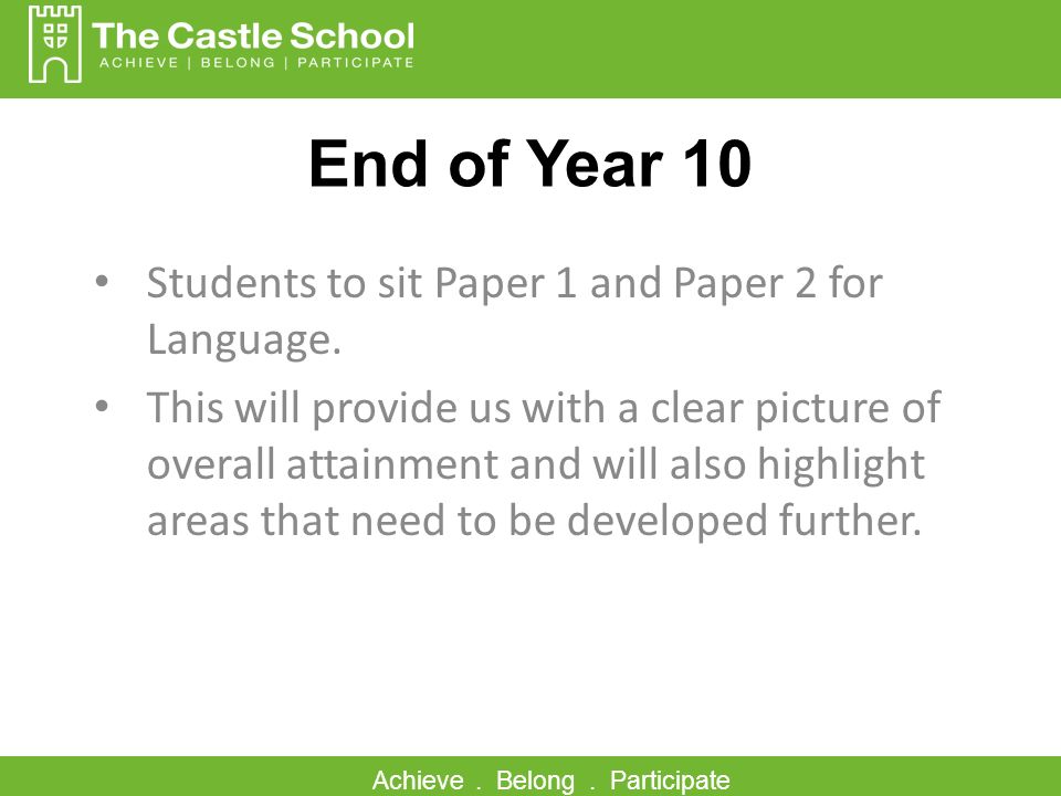 Achieve. Belong. Participate End of Year 10 Students to sit Paper 1 and Paper 2 for Language.