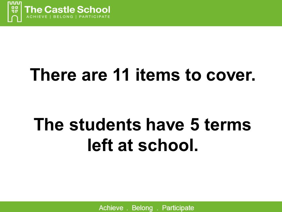 Achieve. Belong. Participate There are 11 items to cover. The students have 5 terms left at school.
