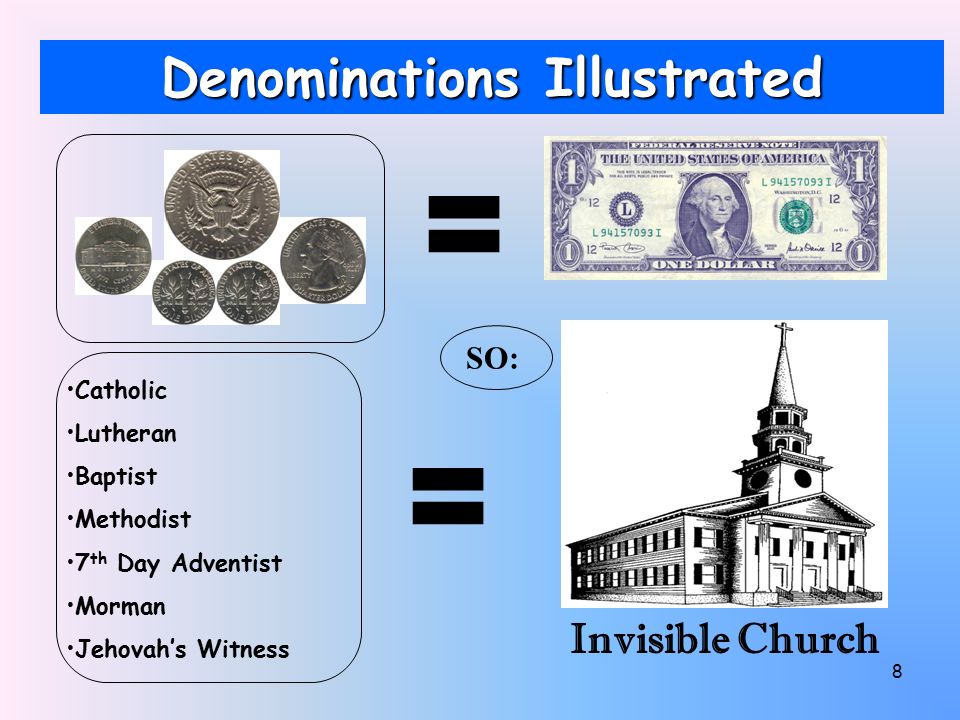 8 Denominations Illustrated Catholic Lutheran Baptist Methodist 7 th Day Adventist Morman Jehovah’s Witness SO: Invisible Church