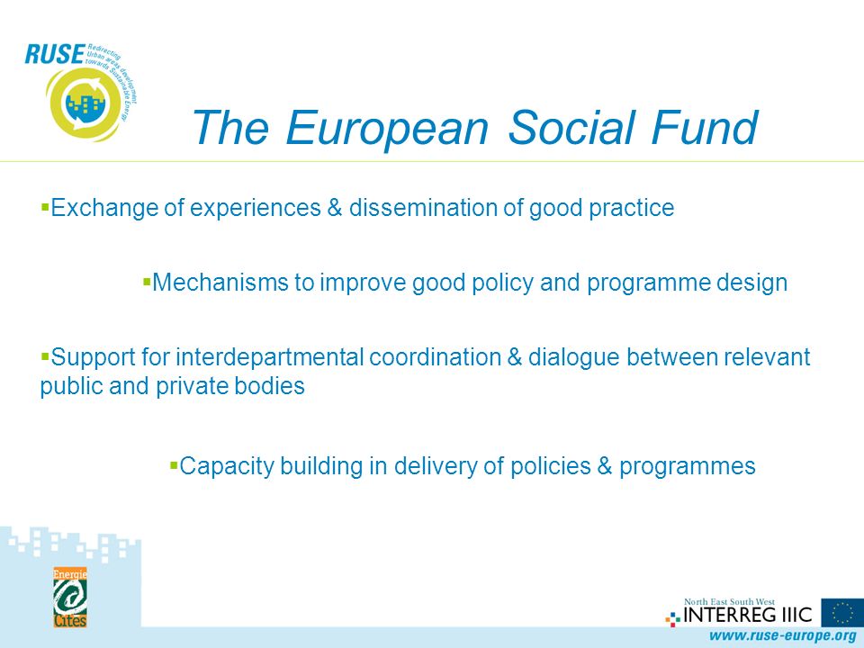  Exchange of experiences & dissemination of good practice The European Social Fund  Mechanisms to improve good policy and programme design  Support for interdepartmental coordination & dialogue between relevant public and private bodies  Capacity building in delivery of policies & programmes