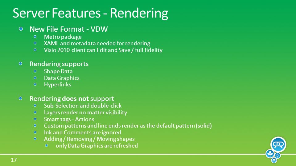 17 Server Features - Rendering New File Format - VDW Metro package XAML and metadata needed for rendering Visio 2010 client can Edit and Save / full fidelity Rendering supports Shape Data Data Graphics Hyperlinks Rendering does not support Sub-Selection and double-click Layers render no matter visibility Smart tags - Actions Custom patterns and line ends render as the default pattern (solid) Ink and Comments are ignored Adding / Removing / Moving shapes only Data Graphics are refreshed