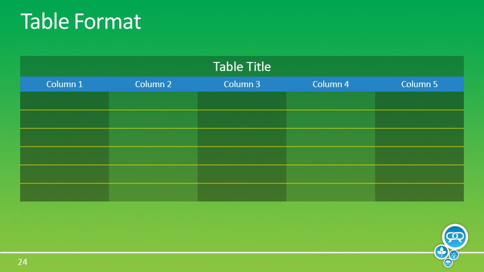 24 Table Format Table Title Column 1Column 2Column 3Column 4Column 5