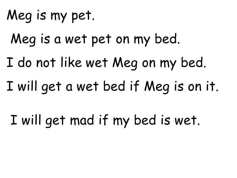 Meg is my pet. Meg is a wet pet on my bed. I do not like wet Meg on my bed.