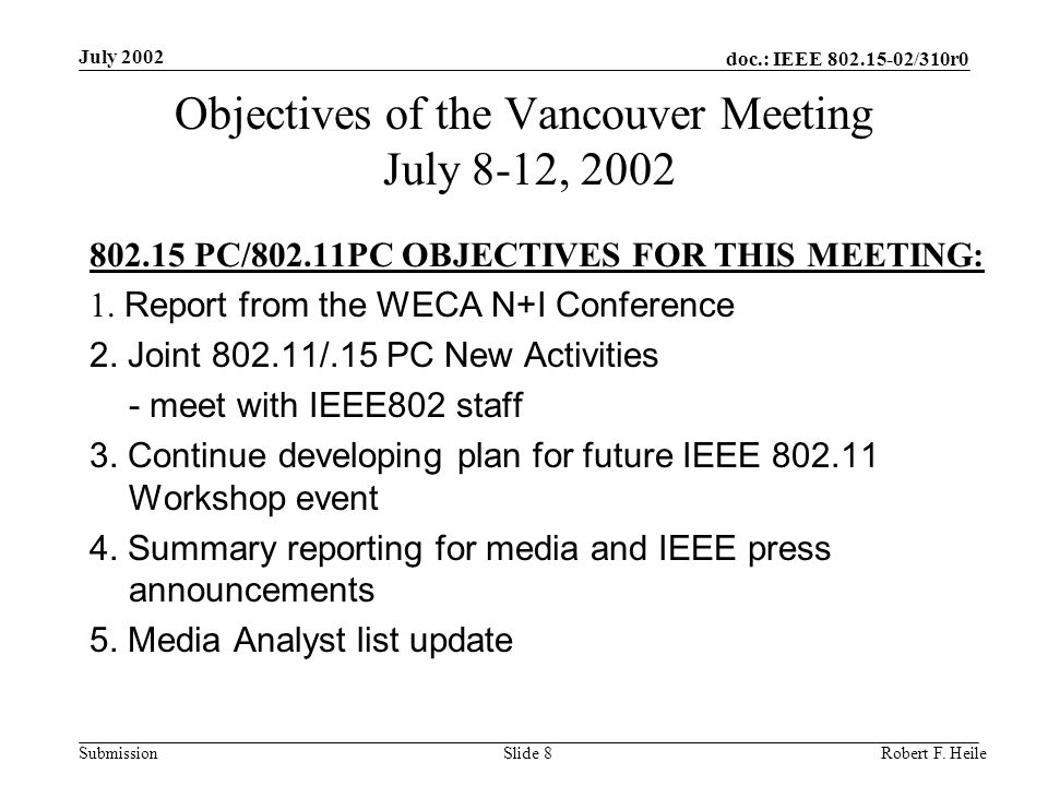 doc.: IEEE /310r0 Submission July 2002 Robert F.