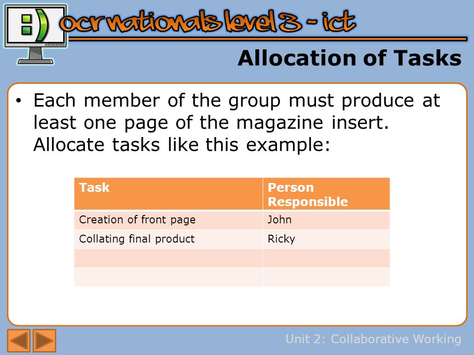 Unit 2: Collaborative Working Allocation of Tasks Each member of the group must produce at least one page of the magazine insert.