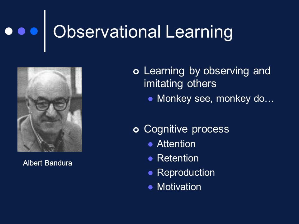 Observational Learning Learning by observing and imitating others Monkey see, monkey do… Cognitive process Attention Retention Reproduction Motivation Albert Bandura