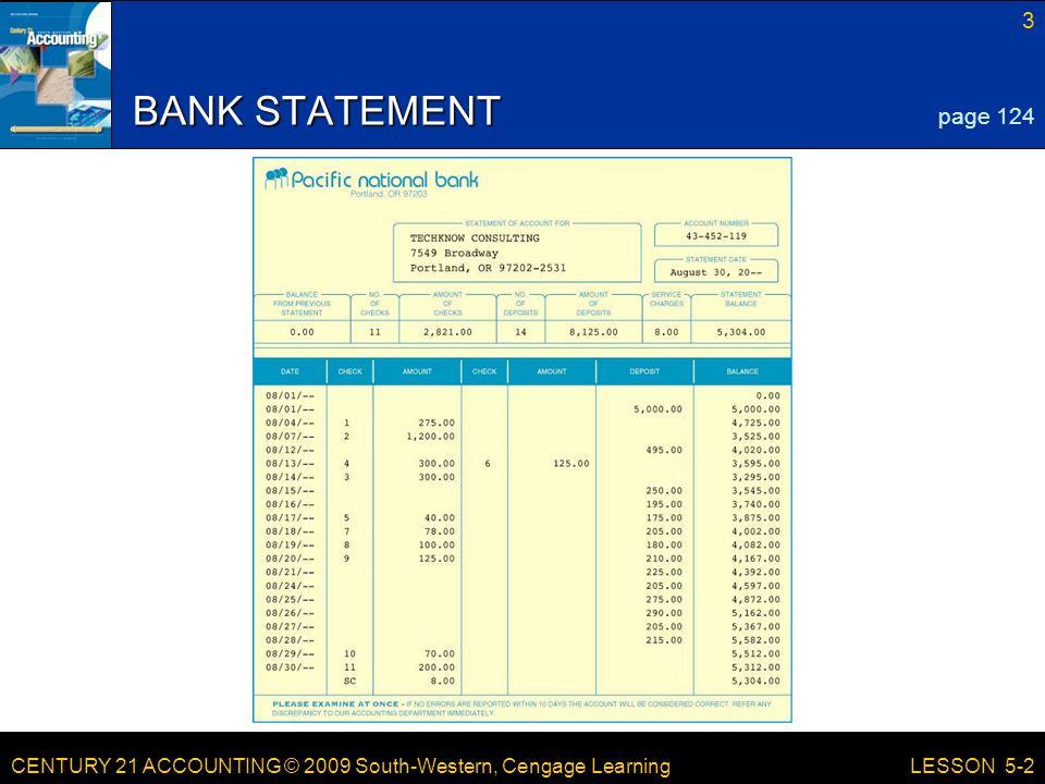 CENTURY 21 ACCOUNTING © 2009 South-Western, Cengage Learning 3 LESSON 5-2 BANK STATEMENT page 124