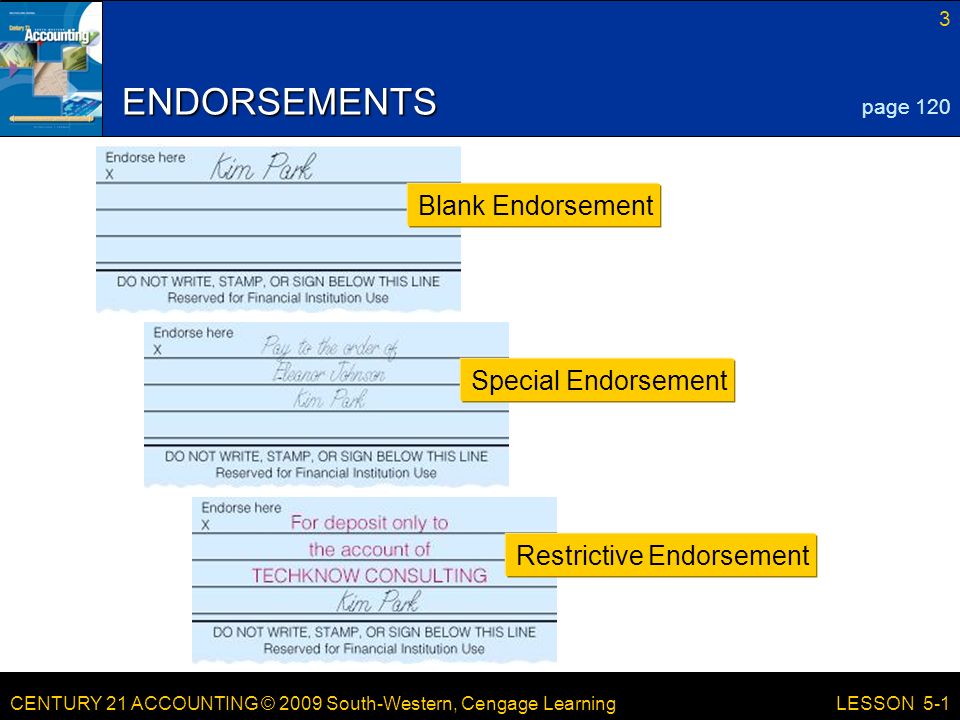 CENTURY 21 ACCOUNTING © 2009 South-Western, Cengage Learning 3 LESSON 5-1 ENDORSEMENTS page 120 Blank Endorsement Special Endorsement Restrictive Endorsement