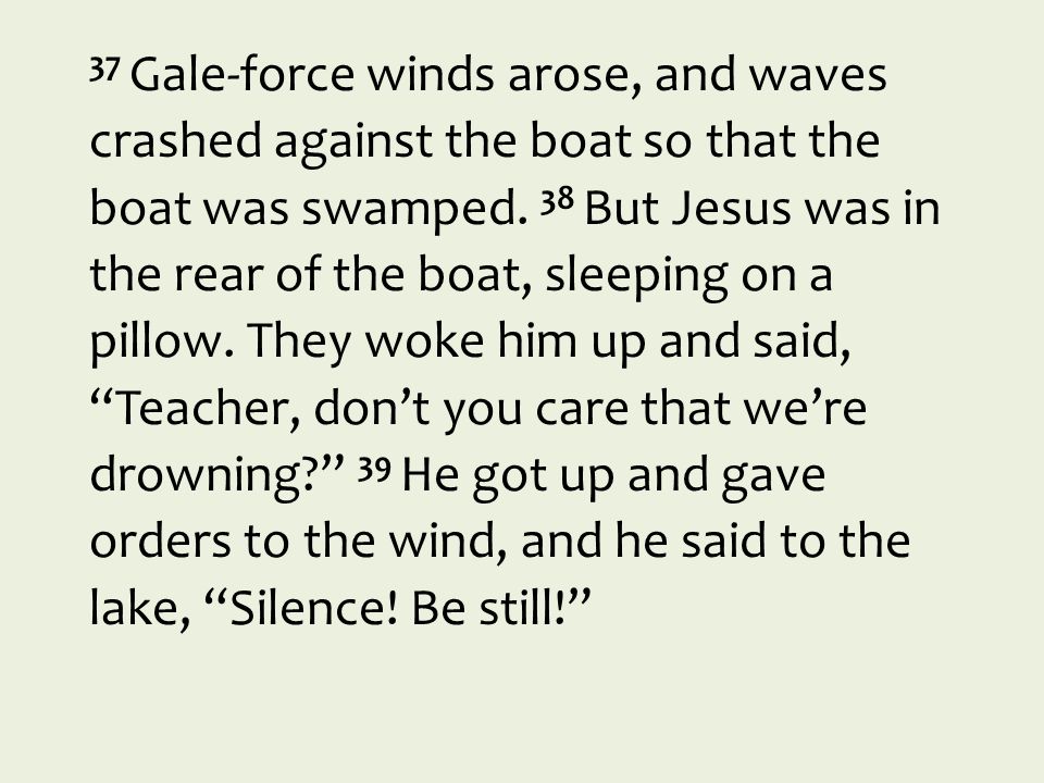 37 Gale-force winds arose, and waves crashed against the boat so that the boat was swamped.