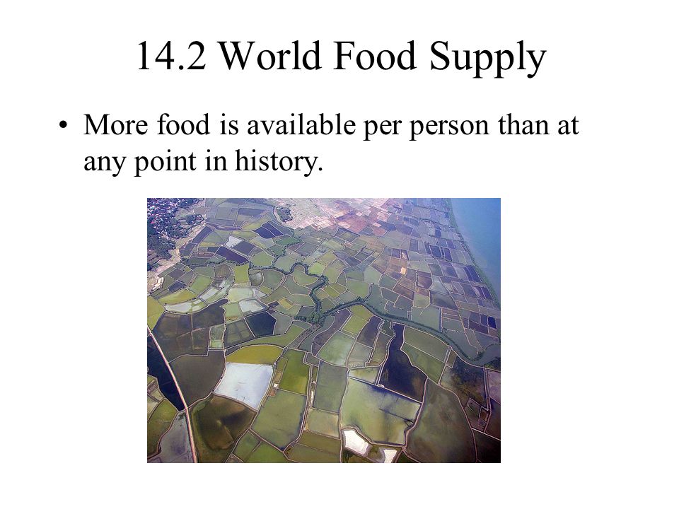 14.2 World Food Supply More food is available per person than at any point in history.