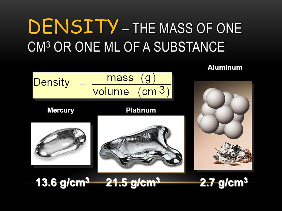DENSITY – THE MASS OF ONE CM 3 OR ONE ML OF A SUBSTANCE Mercury 13.6 g/cm g/cm 3 Aluminum 2.7 g/cm 3 Platinum
