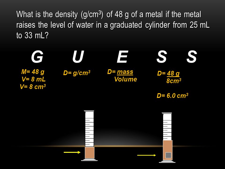 What is the density (g/cm 3 ) of 48 g of a metal if the metal raises the level of water in a graduated cylinder from 25 mL to 33 mL.