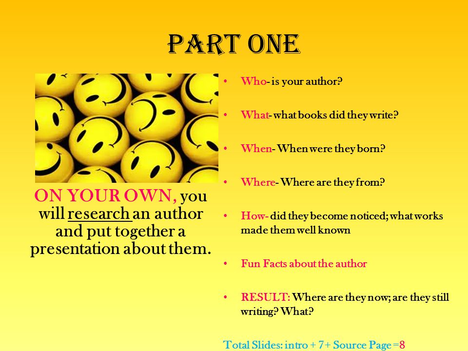 Part ONe ON YOUR OWN, you will research an author and put together a presentation about them.
