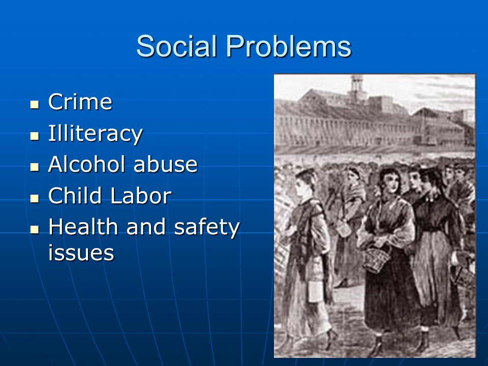 Social Problems Crime Crime Illiteracy Illiteracy Alcohol abuse Alcohol abuse Child Labor Child Labor Health and safety issues Health and safety issues