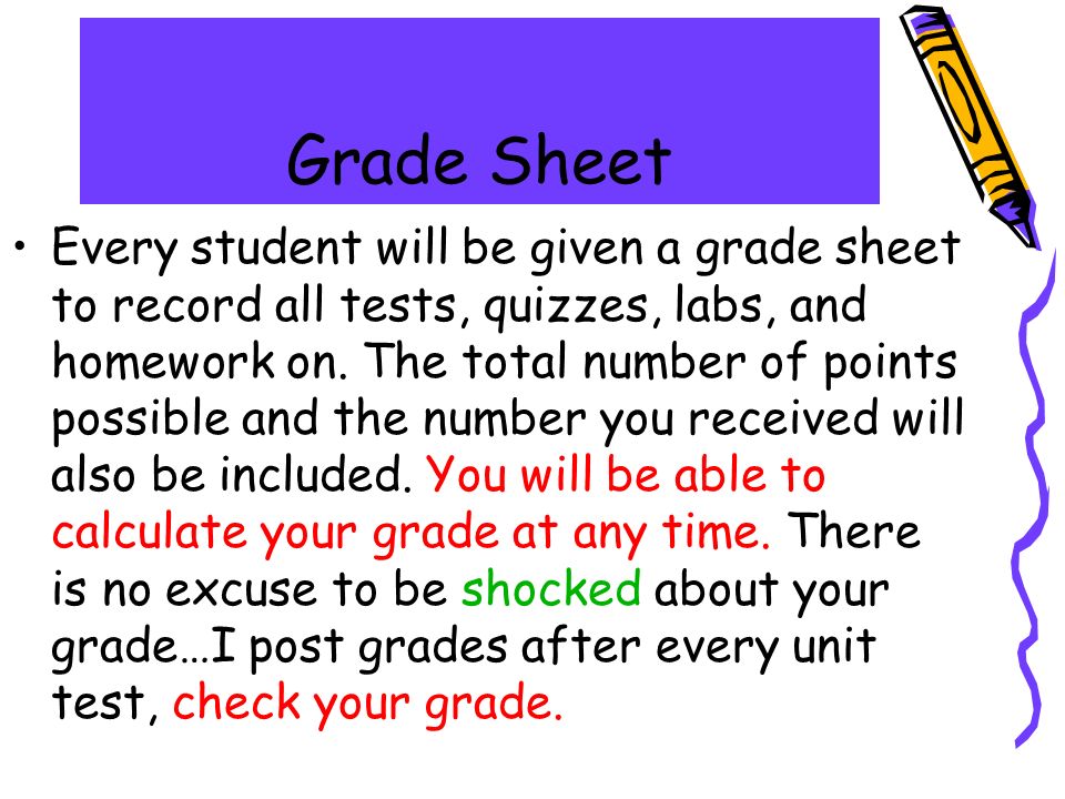 Grade Sheet Every student will be given a grade sheet to record all tests, quizzes, labs, and homework on.