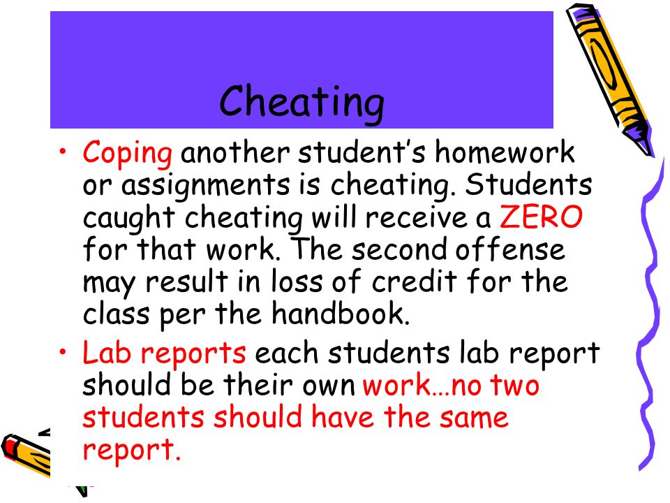 Cheating Coping another student’s homework or assignments is cheating.