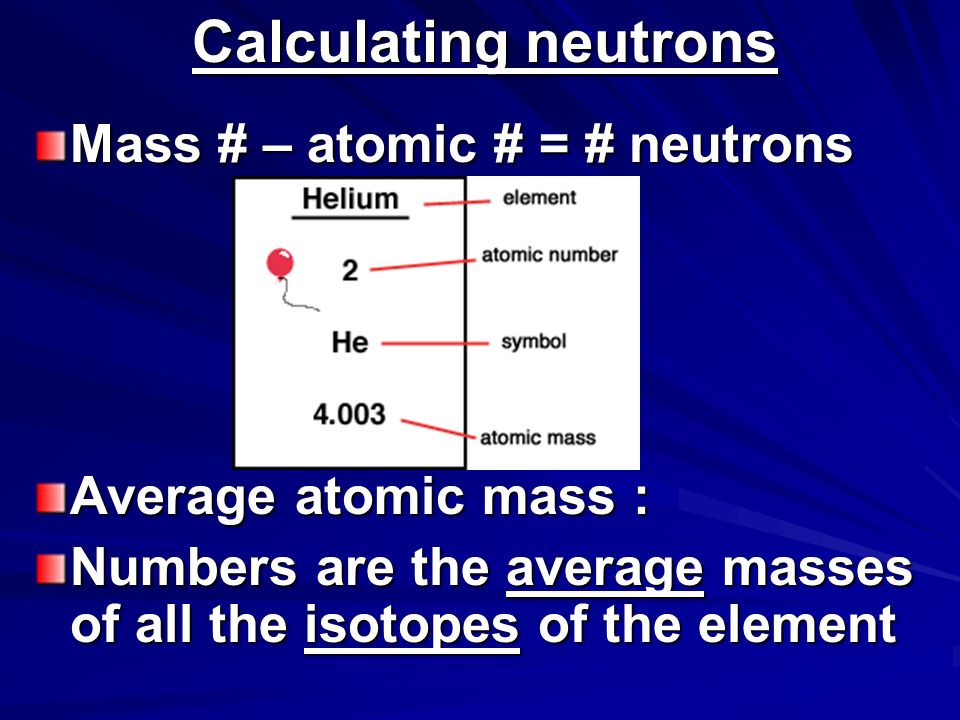 Calculating neutrons Mass # – atomic # = # neutrons Average atomic mass : Numbers are the average masses of all the isotopes of the element