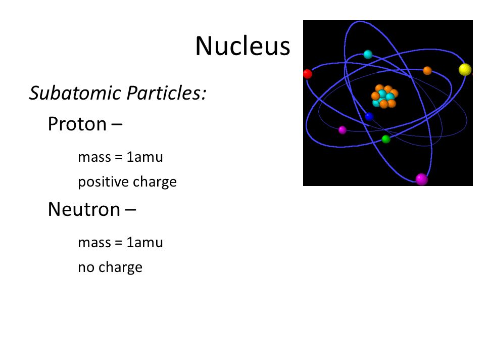 Nucleus Subatomic Particles: Proton – mass = 1amu positive charge Neutron – mass = 1amu no charge