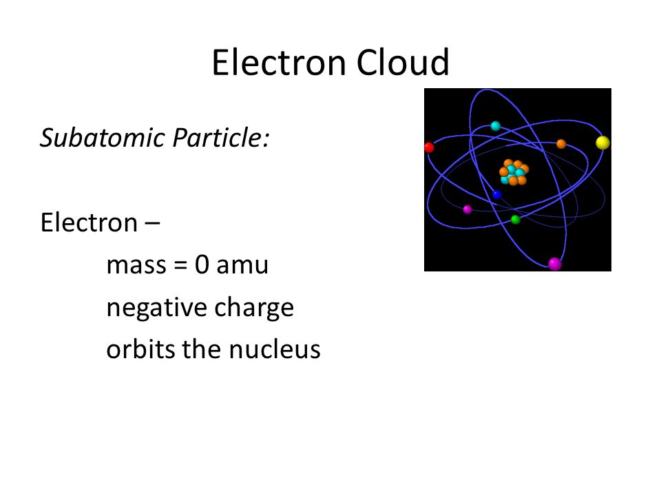 Electron Cloud Subatomic Particle: Electron – mass = 0 amu negative charge orbits the nucleus