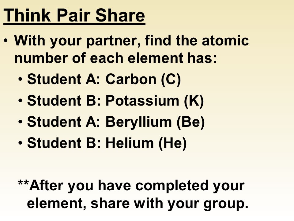 Think Pair Share With your partner, find the atomic number of each element has: Student A: Carbon (C) Student B: Potassium (K) Student A: Beryllium (Be) Student B: Helium (He) **After you have completed your element, share with your group.