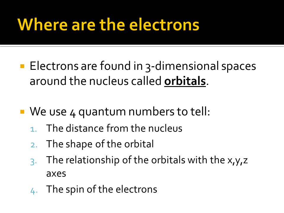  Electrons are found in 3-dimensional spaces around the nucleus called orbitals.