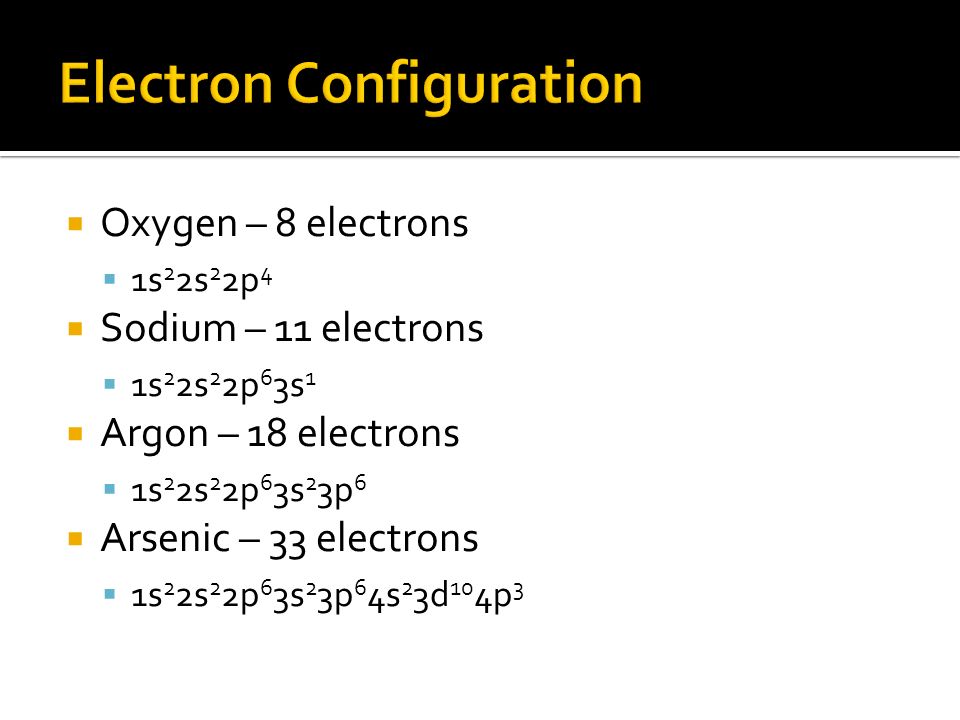  Oxygen – 8 electrons  1s 2 2s 2 2p 4  Sodium – 11 electrons  1s 2 2s 2 2p 6 3s 1  Argon – 18 electrons  1s 2 2s 2 2p 6 3s 2 3p 6  Arsenic – 33 electrons  1s 2 2s 2 2p 6 3s 2 3p 6 4s 2 3d 10 4p 3