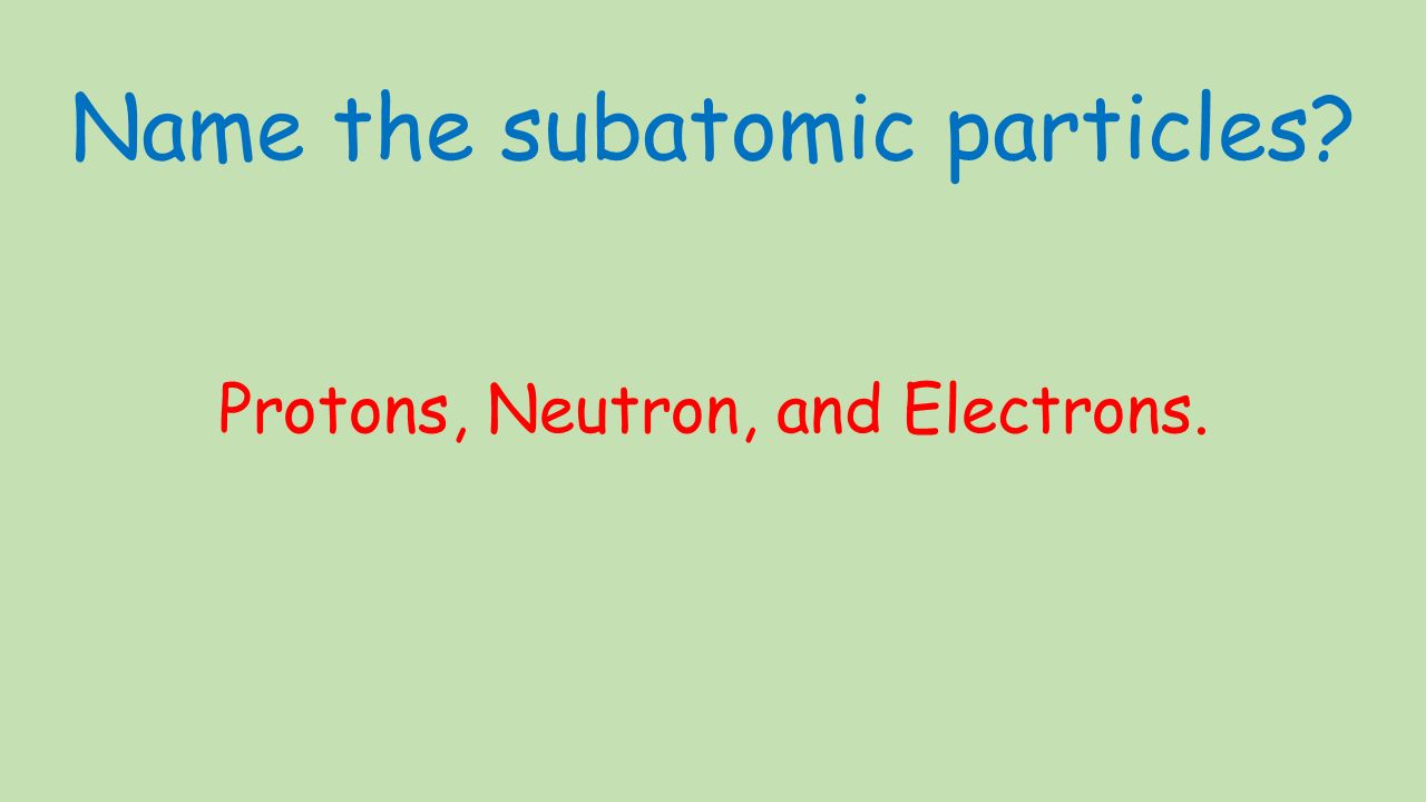 Name the subatomic particles Protons, Neutron, and Electrons.