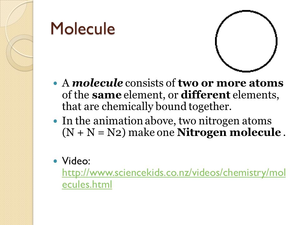Molecule A molecule consists of two or more atoms of the same element, or different elements, that are chemically bound together.