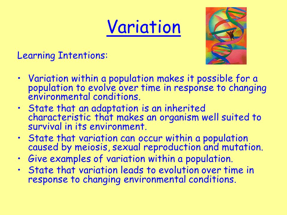 Variation Learning Intentions: Variation within a population makes it possible for a population to evolve over time in response to changing environmental conditions.
