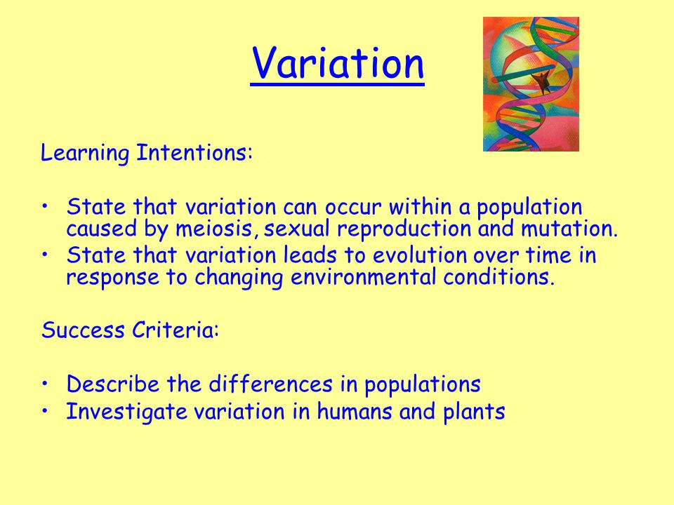 Variation Learning Intentions: State that variation can occur within a population caused by meiosis, sexual reproduction and mutation.