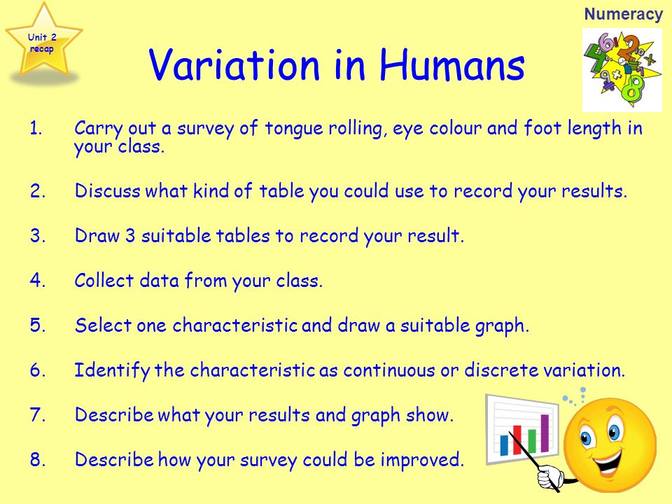 Variation in Humans 1.Carry out a survey of tongue rolling, eye colour and foot length in your class.
