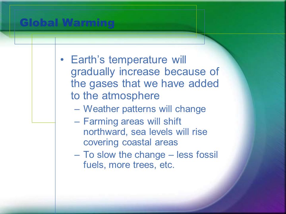 Global Warming Earth’s temperature will gradually increase because of the gases that we have added to the atmosphere –Weather patterns will change –Farming areas will shift northward, sea levels will rise covering coastal areas –To slow the change – less fossil fuels, more trees, etc.