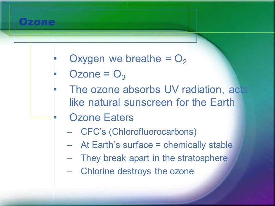Ozone Oxygen we breathe = O 2 Ozone = O 3 The ozone absorbs UV radiation, acts like natural sunscreen for the Earth Ozone Eaters –CFC’s (Chlorofluorocarbons) –At Earth’s surface = chemically stable –They break apart in the stratosphere –Chlorine destroys the ozone