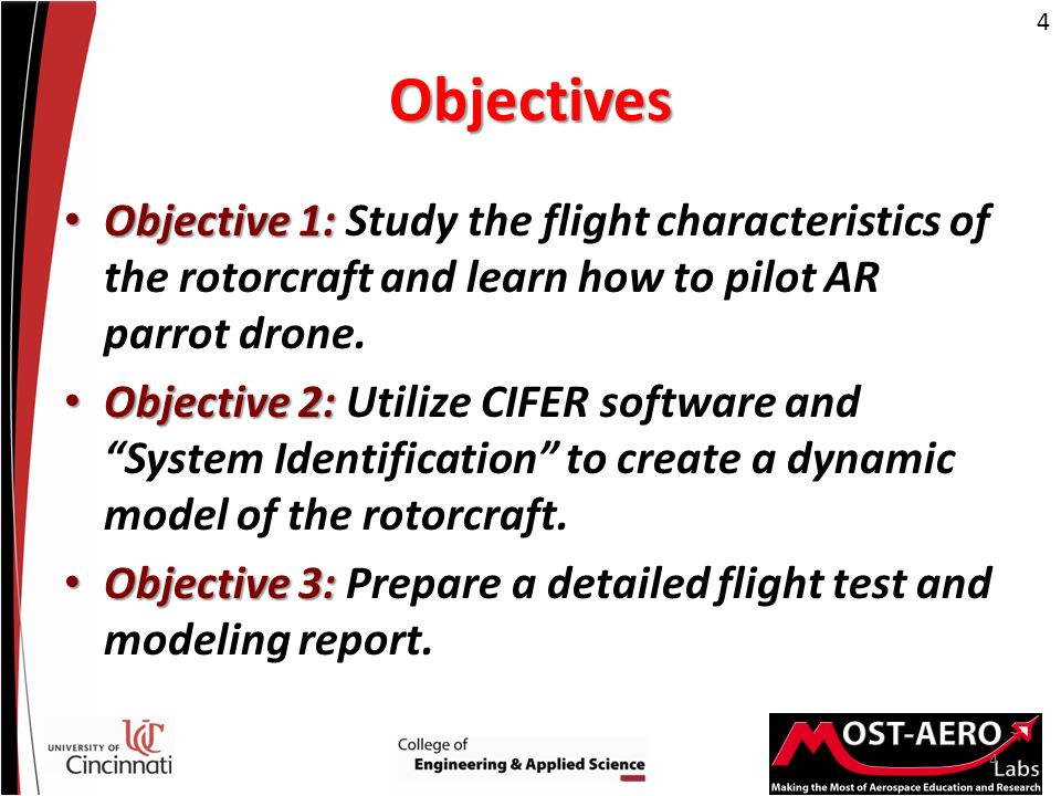 Objectives Objective 1: Objective 1: Study the flight characteristics of the rotorcraft and learn how to pilot AR parrot drone.