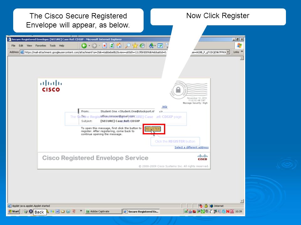 Now Click Register The Cisco Secure Registered Envelope will appear, as below.