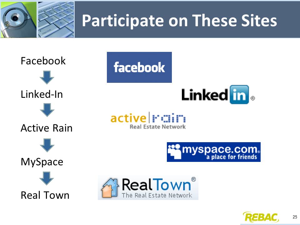 Participate on These Sites Facebook Linked-In Active Rain MySpace Real Town 25