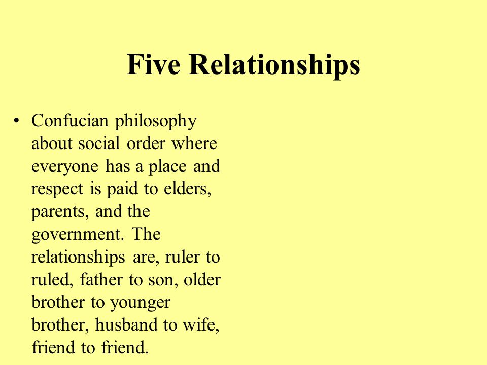Five Relationships Confucian philosophy about social order where everyone has a place and respect is paid to elders, parents, and the government.