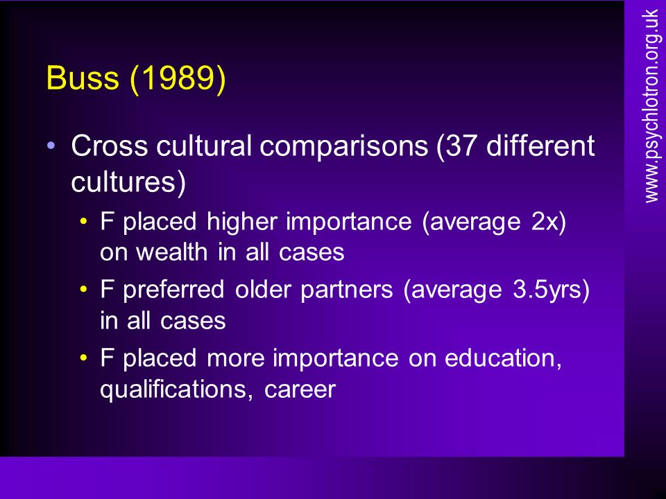 Buss (1989) Cross cultural comparisons (37 different cultures) F placed higher importance (average 2x) on wealth in all cases F preferred older partners (average 3.5yrs) in all cases F placed more importance on education, qualifications, career