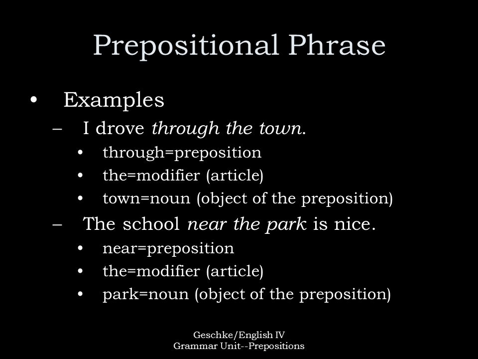 Geschke/English IV Grammar Unit--Prepositions Prepositional Phrase Examples –I drove through the town.